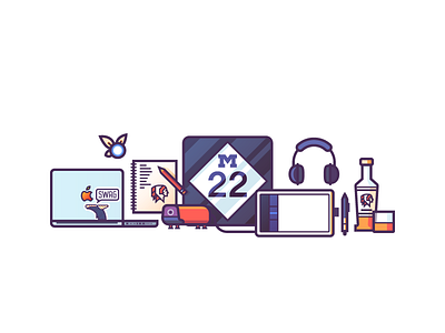 Personal Website Illustration WIP: About Section desk headphones illustration line art m22 macbook pro navi road sign sketchbook tablet wacom whiskey