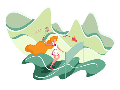 Badminton Girl badminton flat flat illustration girl green lady mountains orange red hair sport sports woman