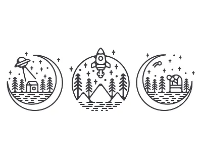 Many Moons alien forest linework moon rocket space tattoo telescope ufo vector