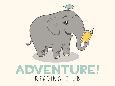 Adventure Reading Club Mascot Logo book character childrens cute elephant kids logo mascot reading