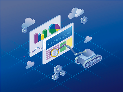 technical_seo illustration isometric robot search seo technical ui vector web