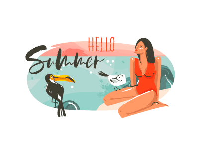 Hello Summer art beach birds cartoon character girl illustration ocean sbstract sea sunset toucan