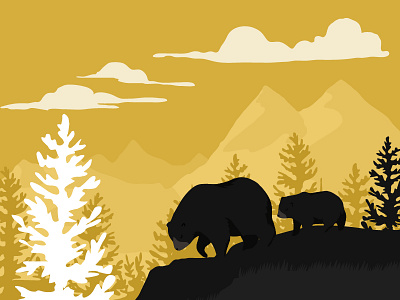Bear morning bear illustration layers mountains nature retro sunny trees vector wild wilderness yellow