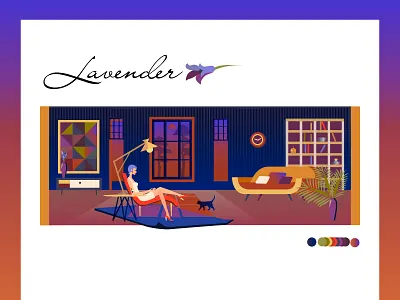 Interior "Lavender" blue evening flat girl illustration interior