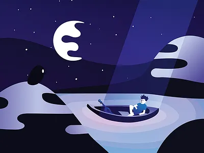 Space trip boat child illustration landscape light mountain night water