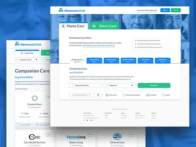 Homecare Hub Search Experience finding healthcare healthtech home page landing page search search experience search results uxui