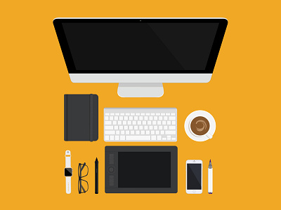 Desk Scene Vector Illustration computer designer desk flat illustration vector