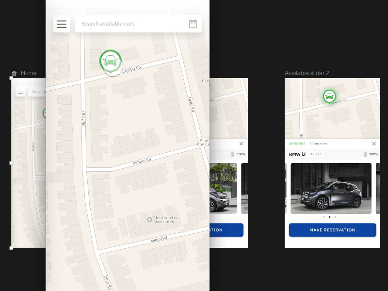 Electric car booking UI bmw car electric car i3 icon invision studio invison map material design prototype
