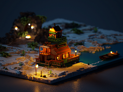 Lonely Island abstract cottage future isometric ll magicavoxel neon tropical voxel voxels