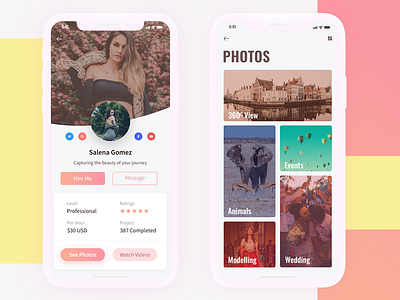 Hire Photographer camera events hire ios iphonex photographer photography photos profile ui ux wedding