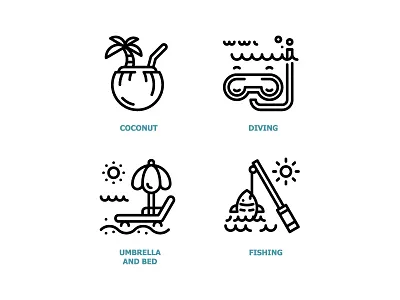 BEACH ICON beach coconut diving fish fishing icon line outline scuba umbrella