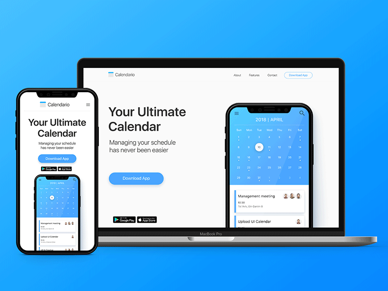 Landing Page Calendar App Design Concept animated ui blue calendar concept design gif ios iphone x landing page mockup redesign ux