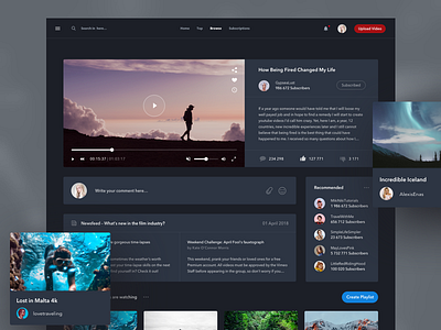 Video Streaming clean dark dashboard design desktop feed flat people photos ui ux vide