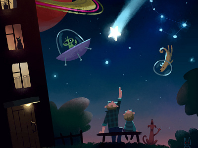 Universe alien children father illustration kid night sky space stars ufo universe
