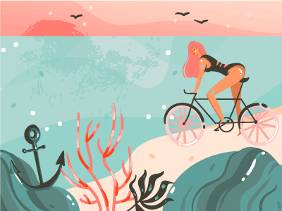 Girl On Bike beach bike cartoon character girl illustration ocean ride sea sport sunset