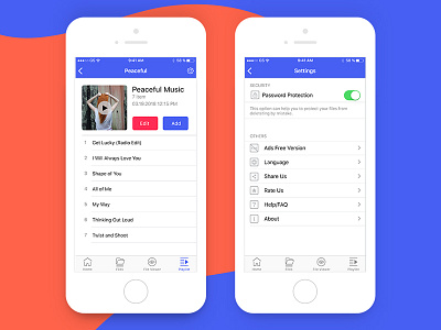 File Manager Playlist and Settings add ads audio edit free music password playlist rate share ui ux