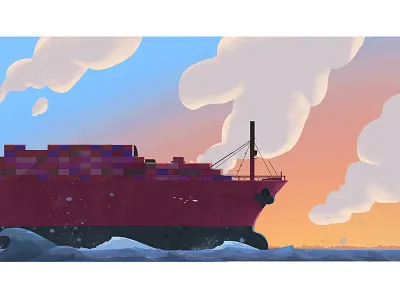 Ship artwork city clouds design illustration illustrator sea ship sky style vector wave