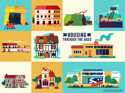 :::Housing through the ages infographic : buildings::: architecture buildings design futuristic illustration infographic minimal roman sounas stone age viking