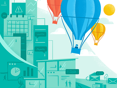Time, Space balloon buildings cityscape floating mid century office texture vacation workday