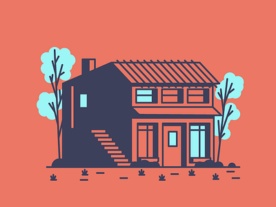 Blue trees door garage graphic design grass home house illustration trees windows