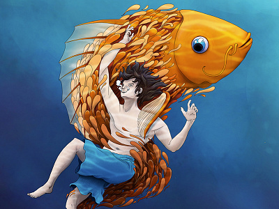 Koi god or air deprivation? air draw eye fish illustration koi man ocean photoshop sketchbook pro underwater