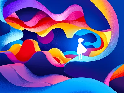 DREAM WORLD character girl gradient graphic illustration landscape light moon mountain wave
