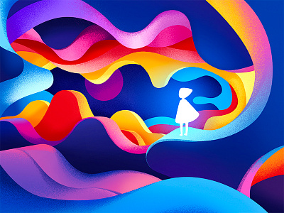 DREAM WORLD character girl gradient graphic illustration landscape light moon mountain wave