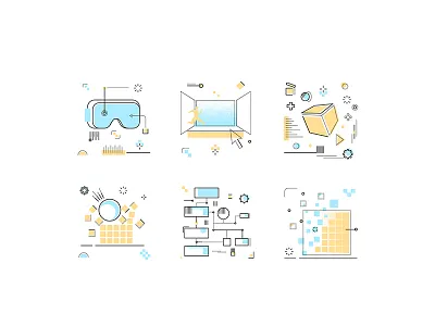 "Icons" - VR-AR, Simulation, Projects, Procedural etc coding developer icons illustrations illustrator network physics procedural simulation ux virtual reality website
