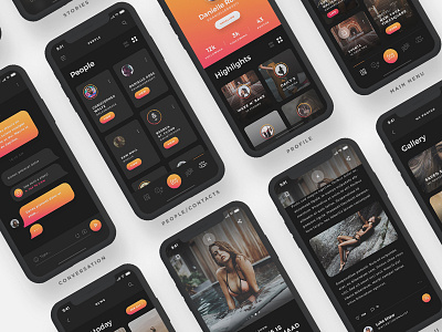 Arnelle UI Kit - Screens II app chat dark gallery gold ios iphone x messages screens stories ui ux