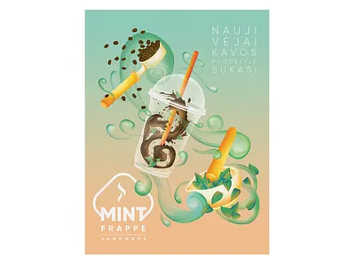 Mint Coffee Poster beans coffee cup digital frappe handmade illustration poster refreshing spinning wind