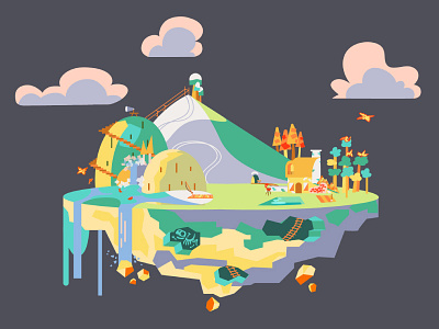 Island background clouds dinosaur flat green house illustrator island lake mountain skeleton yellow