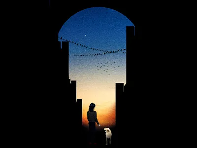 It's us two against the world puppy. birds cityscape diego la diabla dog girl illustration labrador sky