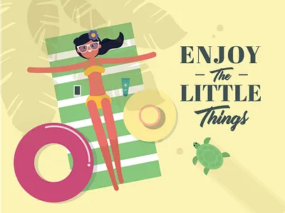 Summer Illustration beach bikini cute flat girl happy quote shadow summer turtle