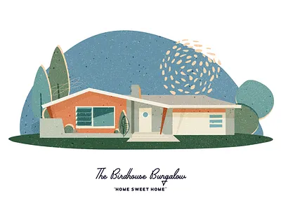 The Birdhouse Bungalow atomic home house illustration mid century retro vintage