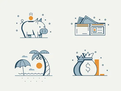 Retirement and Savings Icons bag bank beach icons money piggy retirement savings umbrella wallet