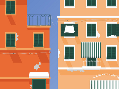 Cinque Terre balcony building cinque terre city city illustration digital illustration italy pizza plants summer vacation vector illustration