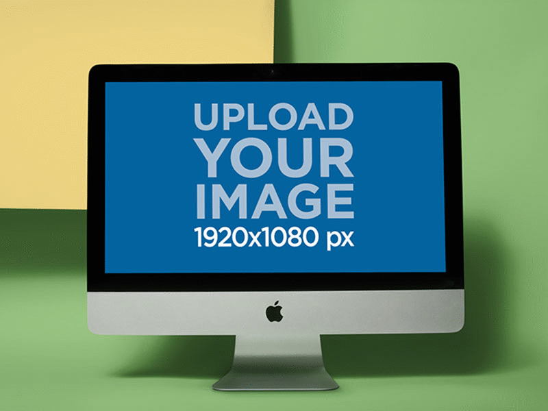 Imac Mockup Standing Against The Corner Of A Colored Square apple imac digital marketing imac imac pro ios mockup mockup generator ui ux web design