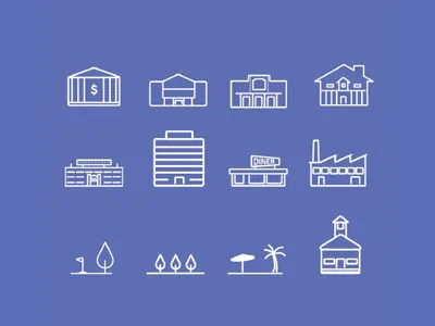 PlaceIQ icons bank beach buildings factory golf icons placeiq school