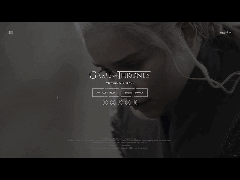 Navigation Menu - Game of Thrones Viewer's Guide Experience animation dark experience full screen game of thrones got landing menu nav series tv video