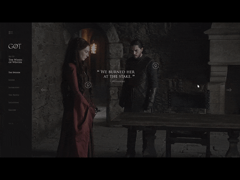 Episode Experience - Game of Thrones Viewer's Guide Experience animation drag experience full screen game of thrones got parallax scroll slide ui ux vertical