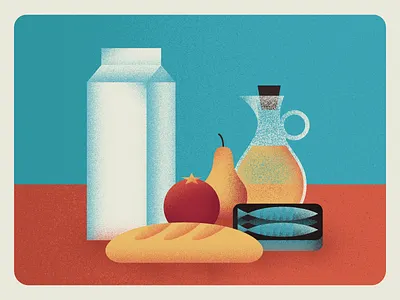 Food baguette food illustration milk olive oil pear sardines tomato