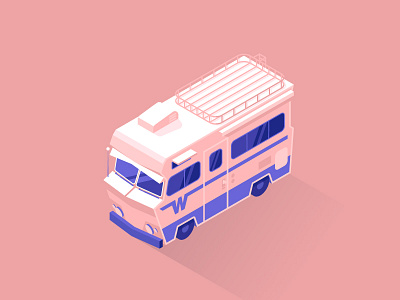 Winnebago car caravan cross country fake 3d isometric pink purple road trip rv truck winnebago