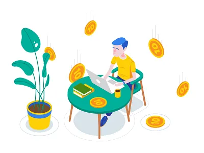 Raining coins coin green isometric laptop man money plant rain table yellow