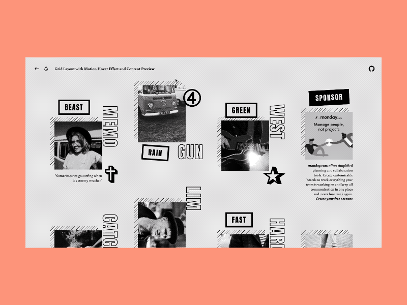 Grid Layout with Motion Hover Effect and Content Preview animation css demo grid hover html inspiration javascript layout motion ui web