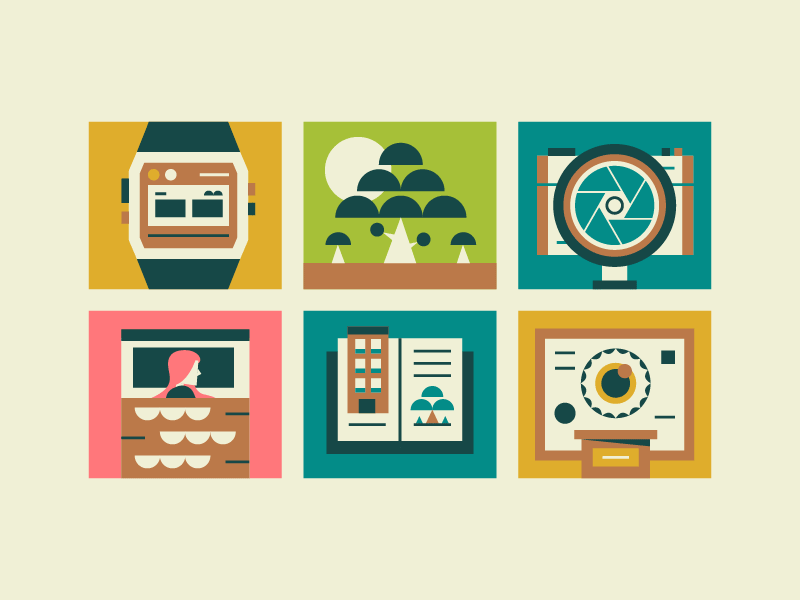 Icons 50s style bed books camera fish football retro safe tree watch