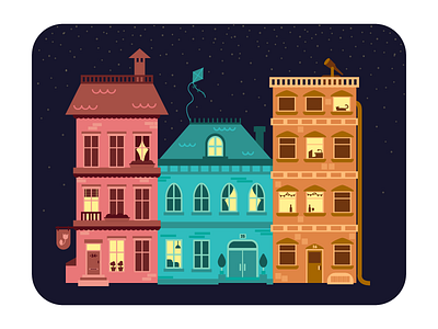 Night city building city colors cute flat home house illustration light night