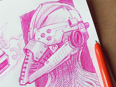 quick doodle with bic4 character design concept art cross hatching ink drawing mech robot