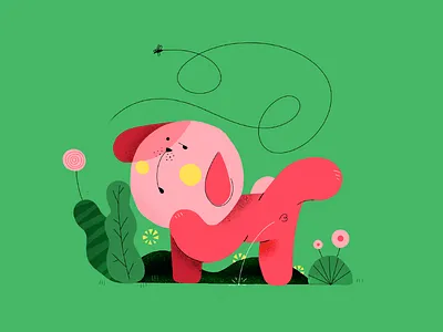 my stupid dog character dog flower fly grass green illustration life line pink red shy