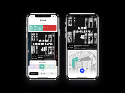 The exhibition #2 app card dark exhibition green light map page timeline