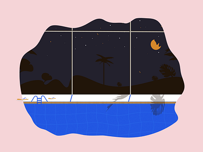 Pool at Night design illustration moon night pool shadow sky slippers summer vector water window